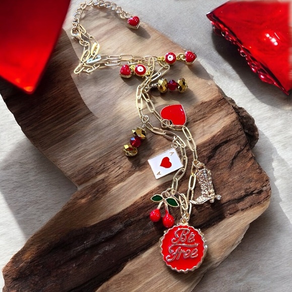 Gold toned dainty and fun Charm Necklace cherries, heart, boot and crystals - Picture 7 of 17